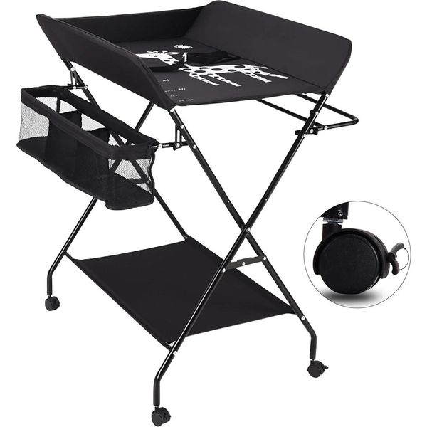 Fasciatoio Mobile - Fasciatoio Pieghevole - Con Rotelle - Cestelli Portaoggetti - Dimensioni 80×63×96 Cm - Portata 15 Kg - Struttura In Acciaio + Tessuto Oxford - Nero-image