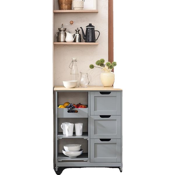 Carrello Da Cucina, 3 Cassetti Grandi, Ripiani Estraibili, Grigio-image