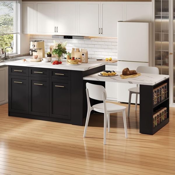 Isola Da Cucina Flieks Con Tavolo Da Pranzo Allungabile Bianco, Piano Di Lavoro In Legno Marmorizzato Bianco, Mobile Da Cucina Con Ampio Spazio Di Archiviazione, Nero-image