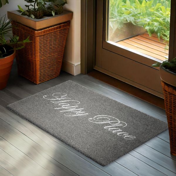 Brubaker Zerbino Per Interni Ed Esterni - Happy Place - 45 X 75 Cm - Zerbino Antiscivolo Con Scritte Glitterate - Resistente Alle Intemperie E Antiscivolo - Grigio-image