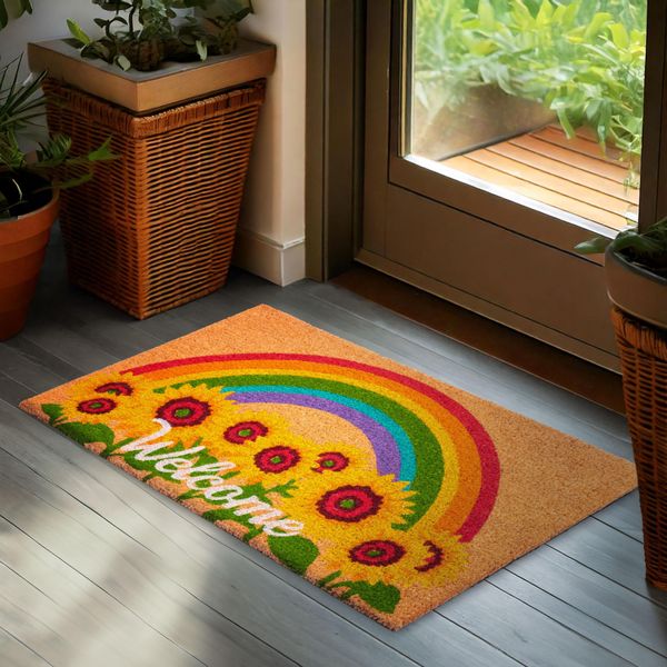 Zerbino Brubaker Per Interni Ed Esterni - Benvenuto Con Girasoli E Arcobaleno - 45 X 75 Cm Zerbino A Fiori - Zerbino Antiscivolo-image