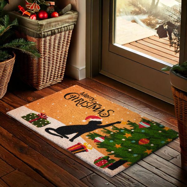 Zerbino Natalizio Brubaker - Gatto Di Natale - Zerbino Natalizio Per Esterni E Interni - 45 X 75 Cm Per Il Controllo Della Polvere - Resistente Alle Intemperie E Antiscivolo-image