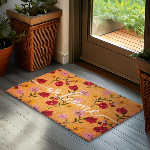 Brubaker Zerbino Per Interni Ed Esterni - Welcome Con Fiori Rosa E Rossi - 45 X 75 Cm Zerbino Antipolvere In Cocco - Zerbino Per Porta D'ingresso-image