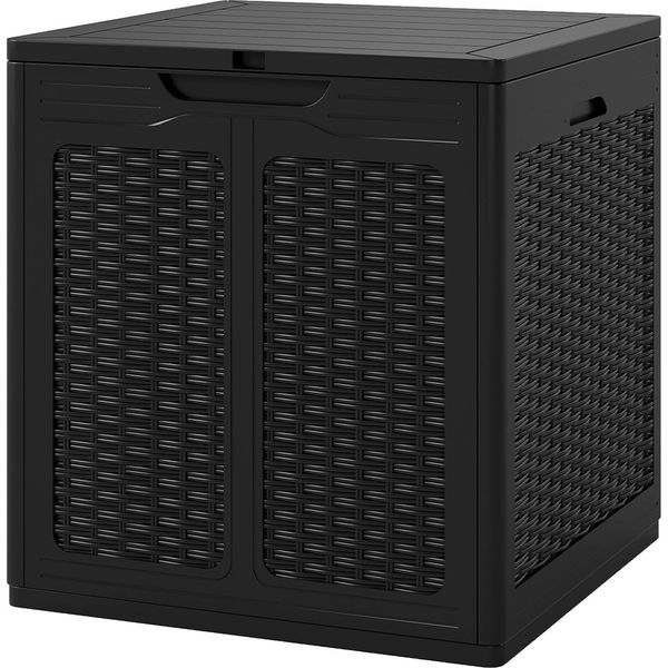 Costway Box Da Giardino 145L, Box Per Cuscini Con Coperchio Richiudibile E Look Rattan, Box Per Cuscini Resistente Alle Intemperie Per Piscina, Giardino, Terrazza Nero-image