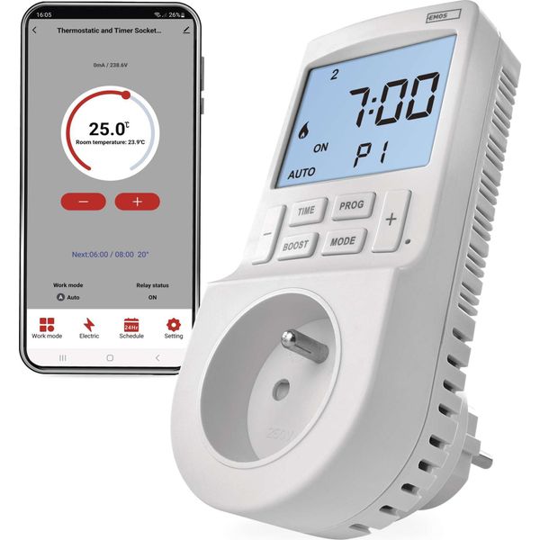 Emos Gosmart 2In1 Termostato A Presa E Timer Con App, Termostato Intelligente Per La Casa + Presa Con Timer Per Riscaldamento/Raffreddamento, P56601FR-image
