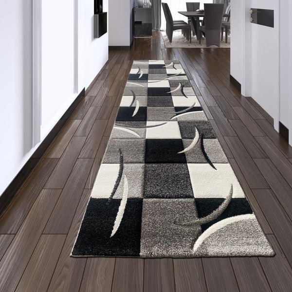 Tappeto Di Design Tappeto Moderno Tappeto Per Il Soggiorno Tappeto A Pelo Corto Con Motivo A Scacchi Sagomati Grigio Bianco Nero Dimensioni - 80 X 300 Cm-image