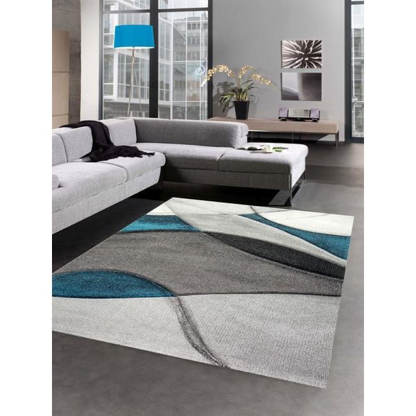 Tappeto Moderno Da Salotto Onde Blu Turchese Grigio Dimensioni - 60X110 Cm-image