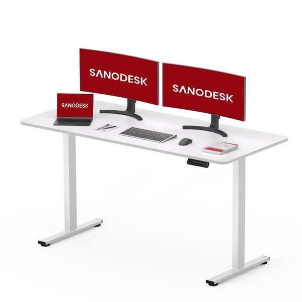 Sanodesk Scrivania Elettrica Regolabile In Altezza 120X60Cm Piano Unico, 4 Posizioni Di Stoccaggio, Portata 60 Kg, Protezione Anticollisione (Bianco)-image