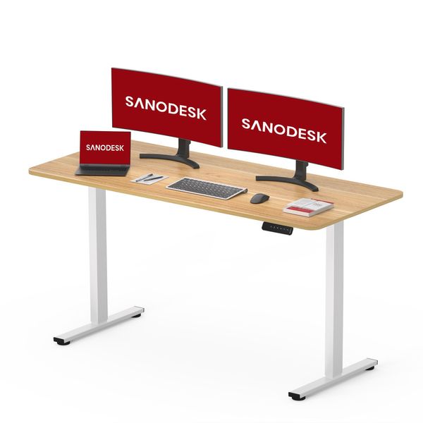 Sanodesk Scrivania Elettrica Regolabile In Altezza 120X60Cm Piano Unico, 4 Vani Portaoggetti, Portata 60 Kg, Protezione Anticollisione (Acero)-image