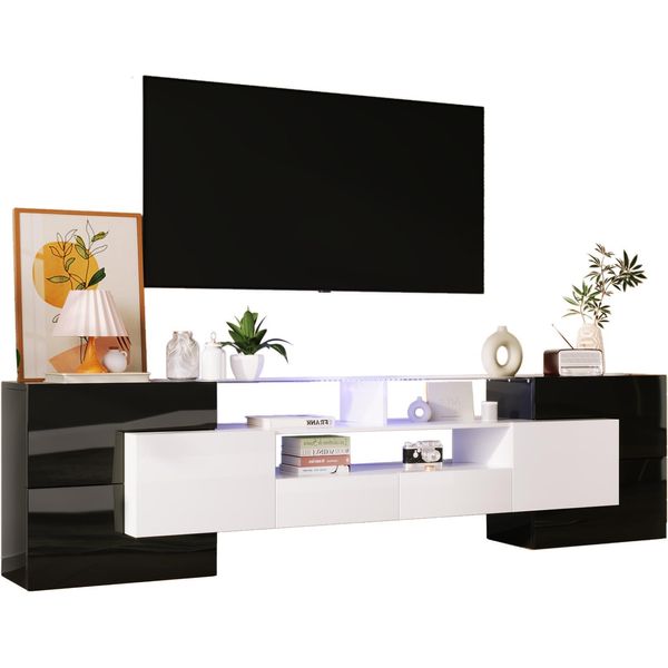 Mobile Tv 200 Cm - Elegante Mobile Tv Con Led, Elegante Superficie In Vetro, Nero-image