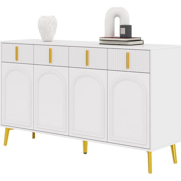 Credenza Fortuna Lai Con Maniglie E Gambe Dorate, 4 Ante, 4 Cassetti, In Laminato Estraibile, Bianco-image