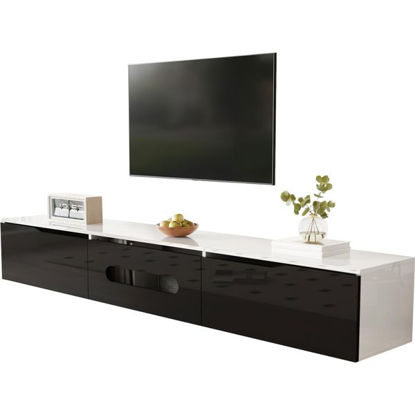 Mobile Tv Fortuna Lai L180 Cm Bianco E Nero - Finitura Lucida, Led A 16 Colori, Montaggio A Parete-image