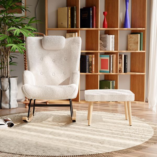 Sedia A Dondolo Fortuna Lai In Peluche, Con Poggiatesta E Poggiapiedi, Portata Fino A 150 Kg, Beige-image