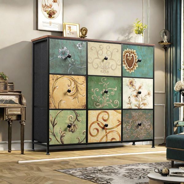 Cassettiera Fortuna Lai Con 9 Cassetti In Tessuto, Credenza Per Cucina, Ufficio E Corridoio, Mobile Tv-image