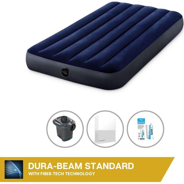 Letto Gonfiabile Intex - 1 Persona - 99 X 191 X 25 Cm - Blu + Pompa Elettrica Intex - 650 Litri/Min + Lenzuola Bianche + Kit Di Riparazione-image