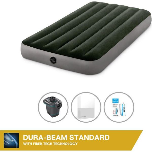 Letto Gonfiabile Intex - 1 Persona - 99 X 191 X 25 Cm - Verde + Pompa Elettrica Intex - 650 Litri/Min + Lenzuola Bianche + Kit Di Riparazione-image