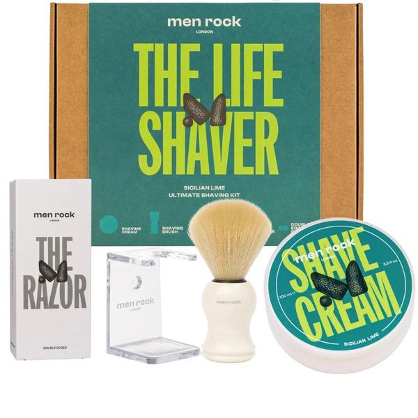 Menrock The Life Shaver Crema Da Barba Al Lime Siciliano 100Ml + Pennello Da Barba + Supporto Per Pennello + Rasoio + Lame Per Rasoio-image