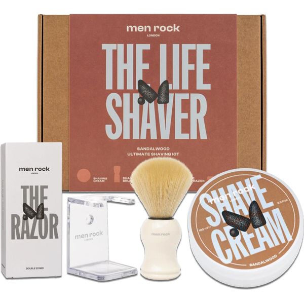 Menrock The Life Shaver Crema Da Barba Al Sandalo 100 Ml + Pennello Da Barba + Supporto Per Pennello + Rasoio + Lame Per Rasoio-image