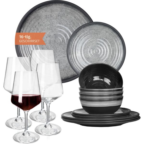 Set Di Stoviglie Da Campeggio In Melamina 4 Persone Grigio Pietra + 4 Bicchieri Da Vino Rosso Milano Bicchieri Da Vino Rosso Stoviglie Picnic Bbq Cookware-image