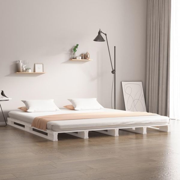 The Living Store Letto In Pallet Bianco 135X190 Cm In Legno Di Pino Massiccio-image