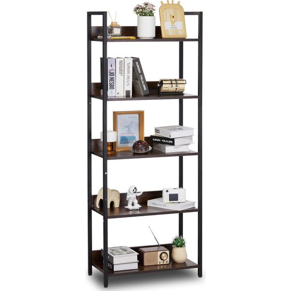 Succebuy Libreria In Metallo, Libreria Alta A 5 Livelli In Stile Industriale, Libreria Vintage Rustica Con Ripiani Aperti, Scaffale Espositivo Indipendente.-image