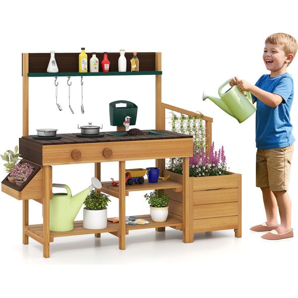 Costway Cucina Di Fango Per Bambini All'aperto, Cucina Per Bambini Con Cassetta Per Piante, Traliccio, Funzione Acqua E Accessori, Cucina All'aperto In Legno Per Bambini 3+ Natura+Marrone-image