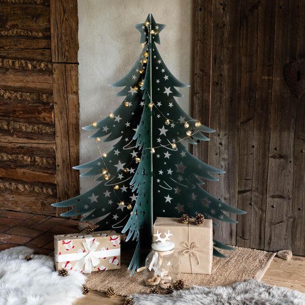 Albero Di Natale 3D In Acciaio Verniciato A Polvere H140 Cm - Decorazione Pieghevole In Metallo Con Cerniere, Verde E Bianco-image