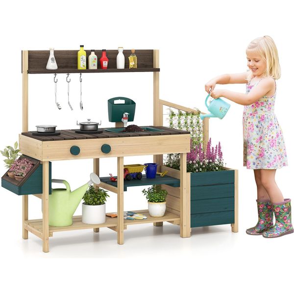 Costway Cucina Di Fango Per Bambini All'aperto, Cucina Per Bambini Con Fioriera, Traliccio, Funzione Acqua E Accessori, Cucina Da Esterno In Legno Per Bambini 3+ Natura + Verde-image