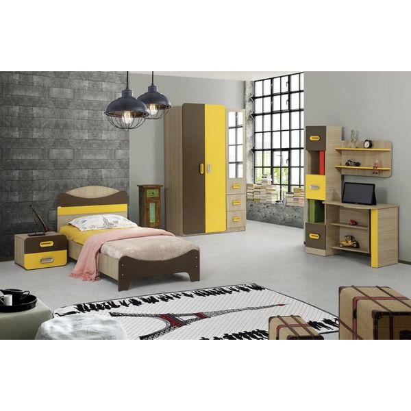 Set Moderno Letto Comodino Scrivania Armadio Giallo Marrone Camera Dei Bambini-image