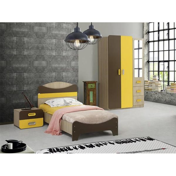 Set Moderno Letto Comodino Armadio Giallo Marrone Design Camera Dei Bambini Mobili-image