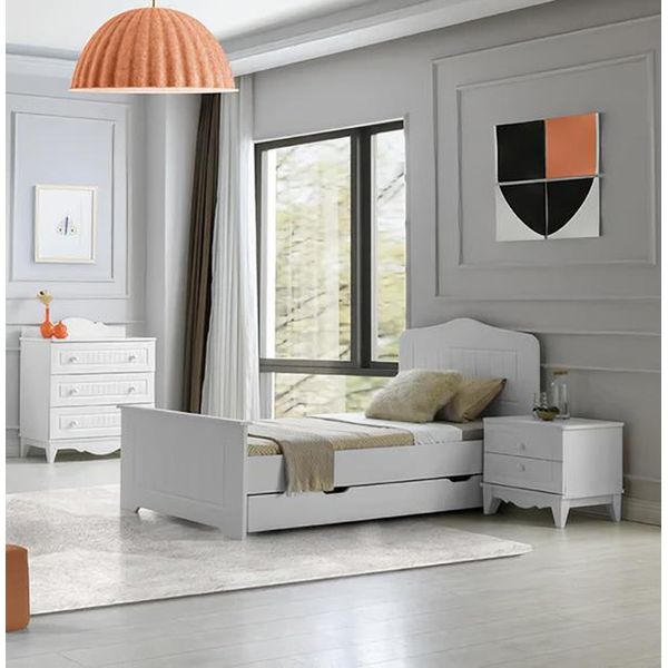 Set Di Mobili Letto Elegante Comodino Cassettiera Design Moderno Bianco Stile 3 Pezzi-image