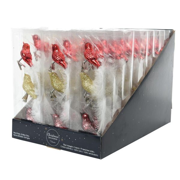 Decorazioni Per L'albero Di Natale In Vetro Con Uccellini Su Clip 8Cm Set Di 3 Mix Oro/Rosso-image