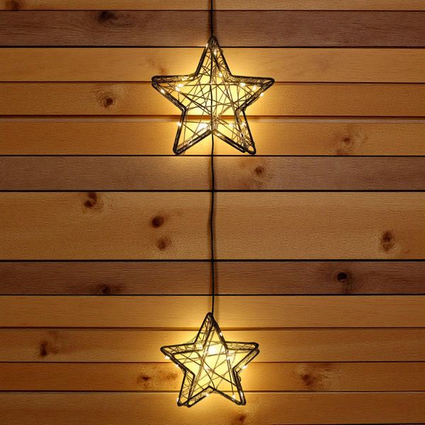 Stella Illuminata In Metallo Nero Set Di 2 Per Esterni Con Timer A Batteria - 35 Led - Stella Di Natale A Filo Da Appendere Illuminata Di Bianco Caldo-image