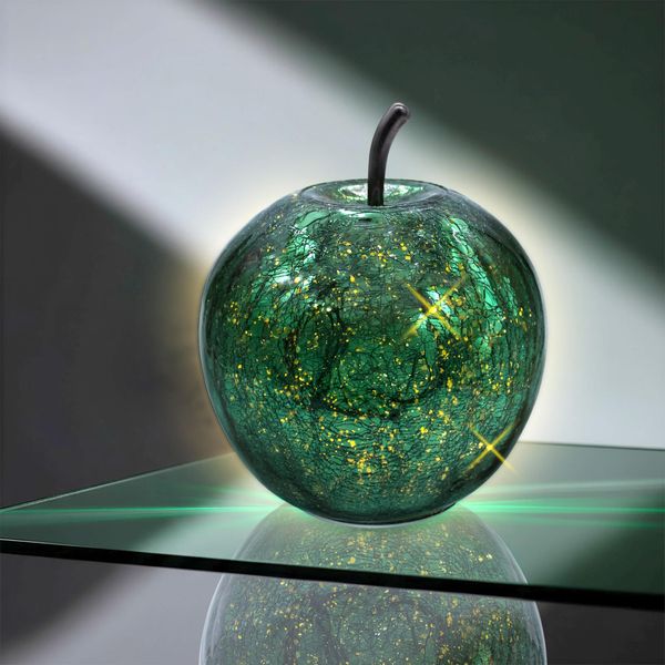 Led Crackle Glass Apple 16 Cm - Verde Metallizzato - Frutta Decorativa In Vetro Crepato-image