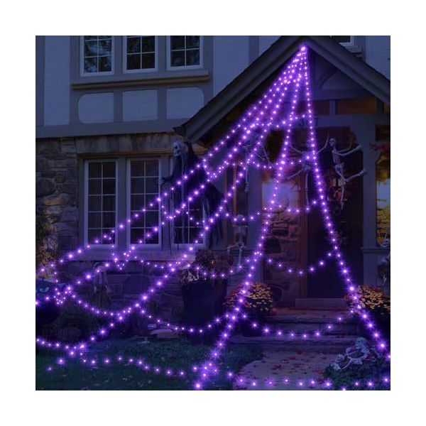 Ragnatela Luminosa Per Decorazioni Di Halloween All'aperto - 250 Led, 8 Modalità Di Illuminazione, Ragnatela Gigante Illuminata Lunga 5 M-image