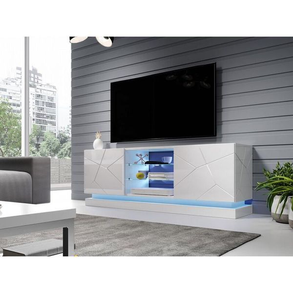 Tavolino Per Tv Con Illuminazione A Led Blu 160 Cm Lima - Bianco / Bianco Lucido-image