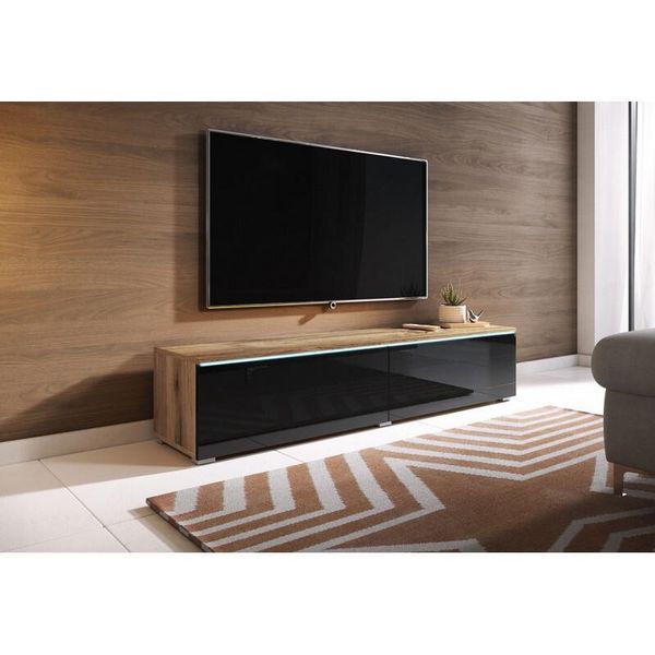 Armadietto Tv Con Illuminazione A Led 140 Cm Willa D – Rovere Wotan / Nero Lucido-image