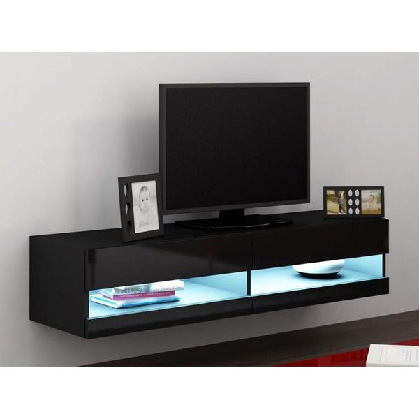 Tavolino Per Tv Con Illuminazione A Led Bianca 140 Cm Ashton 1 - Nero / Nero Lucido-image