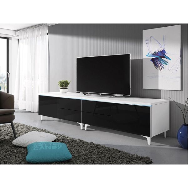 Tavolino Per Tv Su Gambe Con Illuminazione A Led Ferns 11 - Bianco / Nero Lucido-image