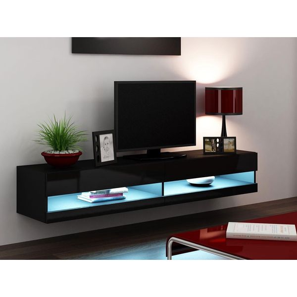 Tavolino Per Tv Con Illuminazione A Led Bianca 180 Cm Ashton 1 - Nero / Nero Lucido-image