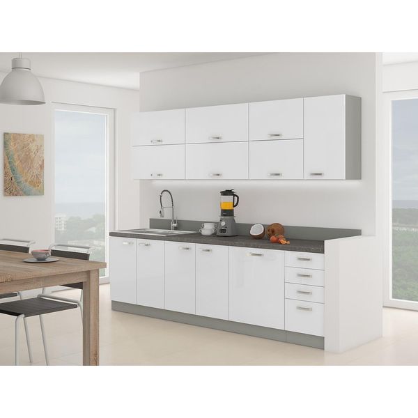 Mobile Cucina 260/260 Cm Genji 4 - Bianco Lucido / Grigio + Lavello E Credenza Gratis-image