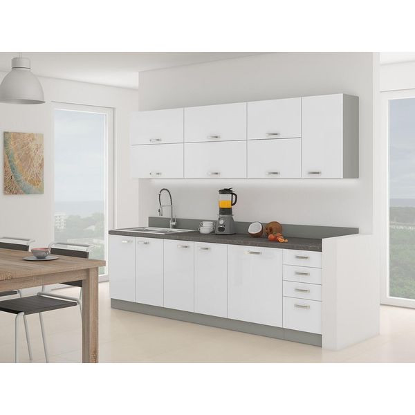 Mobile Cucina 260/260 Cm Genji 4 - Bianco Lucido / Grigio + Led E Lavello Gratis-image