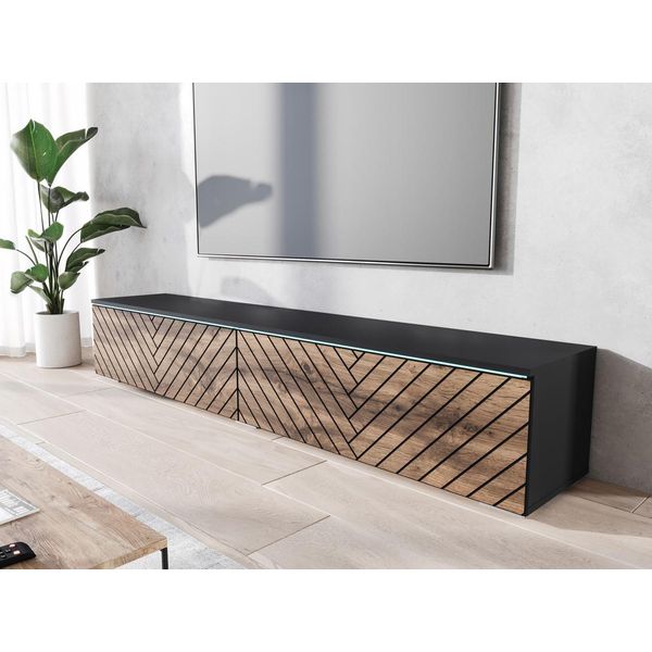 Tavolino Per Tv Cerie 180 - Nero Grafite / Motivo A Spina Di Pesce, Rovere Wotan-image