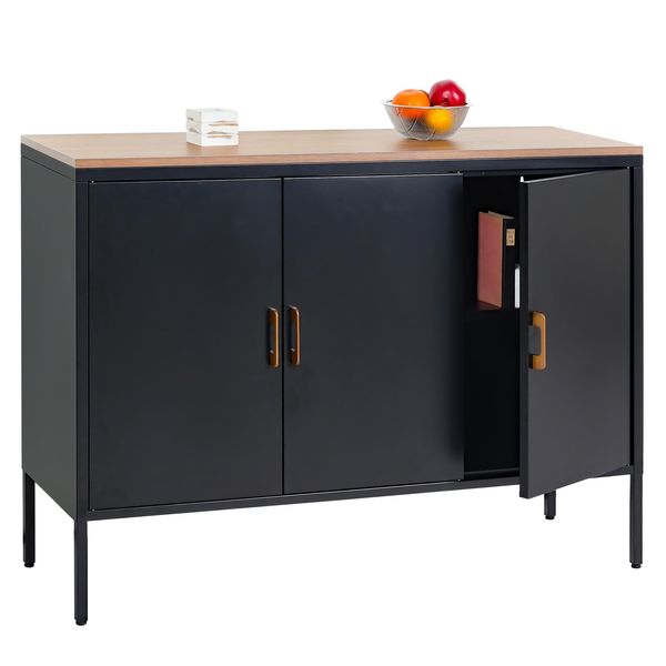 Cassettiera HWC-L84, Credenza Armadio, 3 Ante In Metallo 90X120X40Cm, Rivestimento In Melamina ~ Nero-image