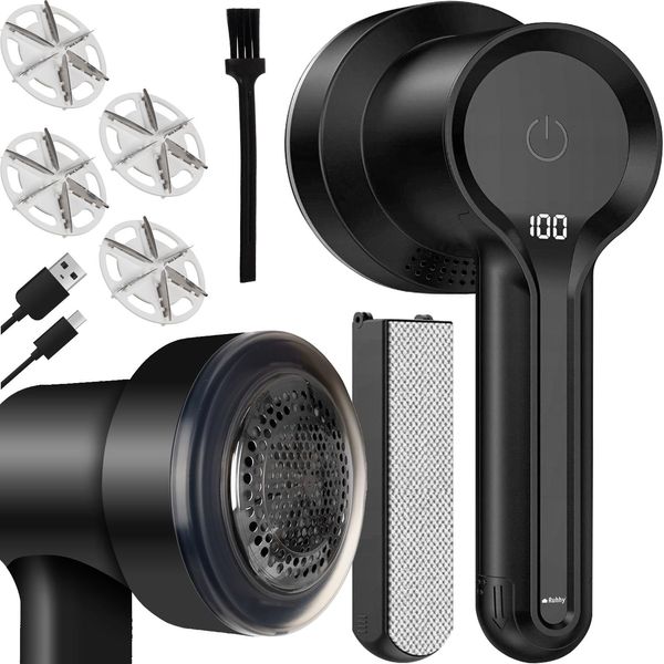 Ruhhy Rasoio Per Tessuti Elettrico 6 Lame, 3 Velocità, Display A Led, Batteria USB-C - Spazzola Per Vestiti, Tappezzeria, Tessuti, Divani - Testine Di Ricambio E Set Di Pulizia 25559-image