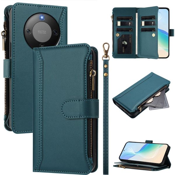 Custodia Per Honor X9D/Honor X70, Con Cerniera, Portafoglio, Custodia Flip In Finto Cuoio Con Tasche Per Carte, Supporto E Passante Per La Mano Verde-image