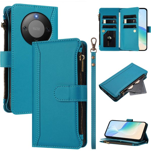Custodia Per Honor X9D/Honor X70, Con Cerniera, Portafoglio, Custodia Flip In Finto Cuoio Con Tasche Per Carte, Supporto E Passante Per Mani Lake Blu-image