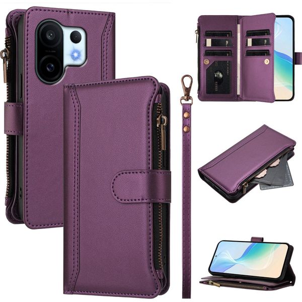 Custodia Per Vivo S30 Pro Mini/Vivo X200 Fe, Con Cerniera, Portafoglio Custodia Flip In Finto Cuoio Con Tasche Per Carte, Supporto E Passante Per Mano Viola-image