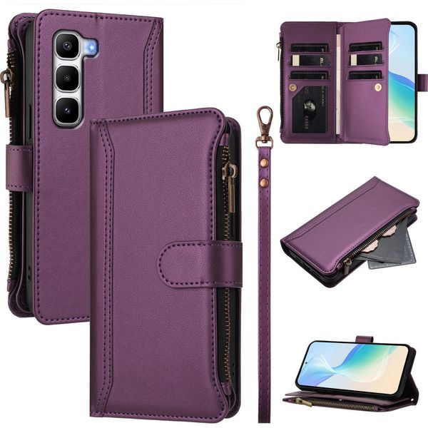 Custodia Per Infinix Hot 60 Pro+, Con Cerniera, Portafoglio, Custodia Flip In Finto Cuoio Con Tasche Per Carte, Supporto E Passante Per La Mano Viola-image