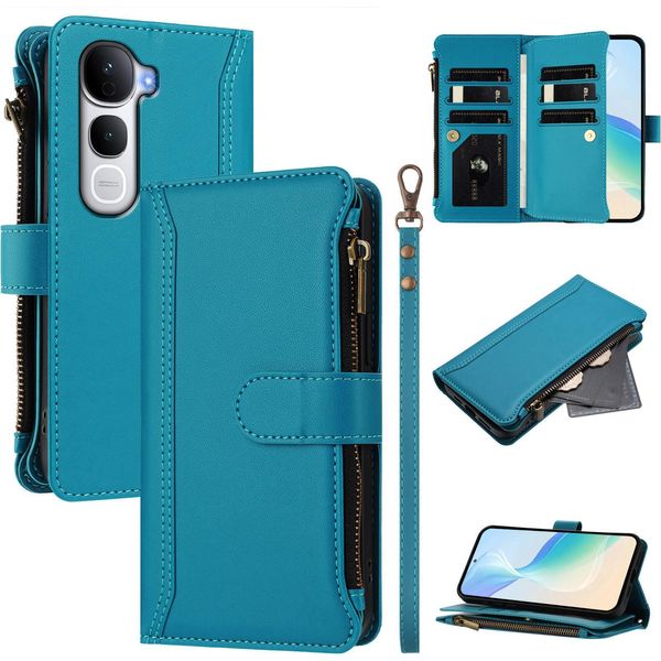 Custodia Per Vivo Y400 Pro, Con Cerniera, Portafoglio Custodia Flip In Finto Cuoio Con Tasche Per Carte, Supporto E Passante Per Mani Lake Blu-image